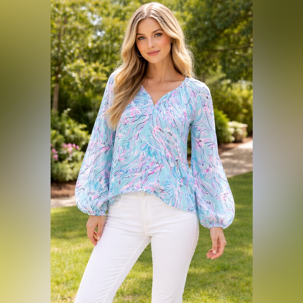 Lilly Pulitzer Winsley top in the Bayside Blue "Under the Moon" pattern.